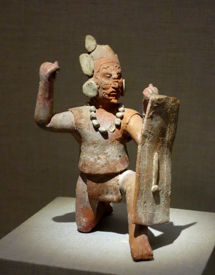 Kneeling warrior with facial scarification and shield, Mexico, Campeche, Jaina Island, 600-800 AD, earthenware and pigment - De Young Museum - DSC00676