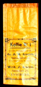 Koffie No 1 zakje van Wed J Gorel, Emmastraat 286 en GJB Gorel Haaksvergerstr, voorkant