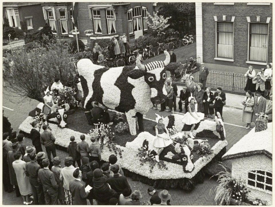 Koe van bloemen op een praalwagen. NL-HlmNHA 54011064