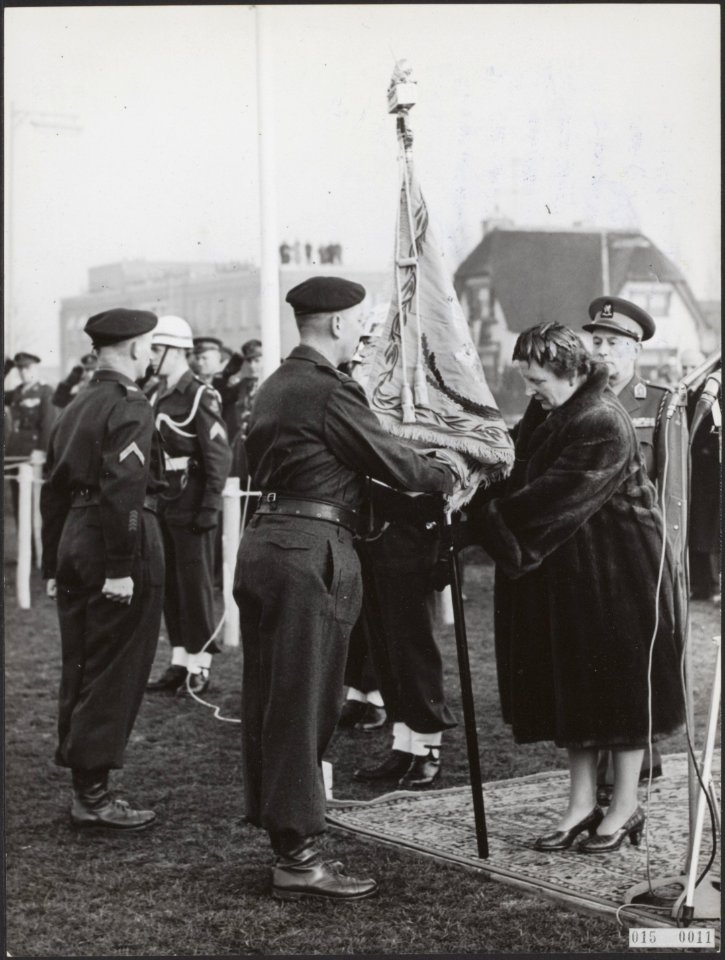 Koninklijk huis, bezoeken, militairen, aanbiedingen, vaandels, Bruin P D, Juli, Bestanddeelnr 015-0011