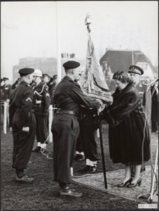 Koninklijk huis, bezoeken, militairen, aanbiedingen, vaandels, Bruin P D, Juli, Bestanddeelnr 015-0011