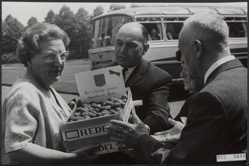 Koninklijk huis, koninginnen, bejaarden, defilés, geschenken, aardbeien, Juliana, Bestanddeelnr 015-0688