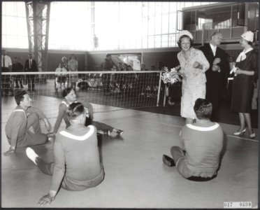 Koninklijk huis, prinsessen, bezoeken, volleybal, gehandicapten, Beatrix, prinse, Bestanddeelnr 017-0699