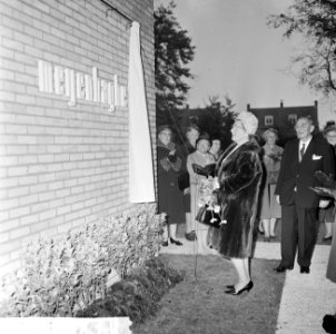 Koningin Juliana opent zusterhuis te Austerlitz aanbieden van bloemen, Bestanddeelnr 917-0696