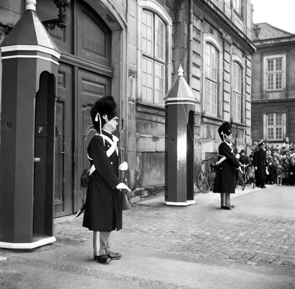 Koninklijke garde bij de toegangsdeur van Paleis Brockdorff op het plein van Slo, Bestanddeelnr 252-8699