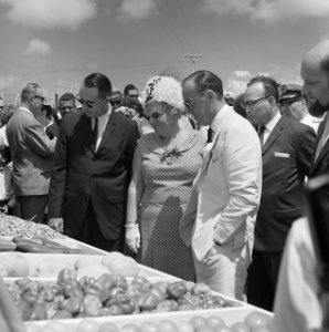 Koninklijk bezoek aan Aruba, koningin Juliana en prins Bernhard bekijken produkt, Bestanddeelnr 918-2630