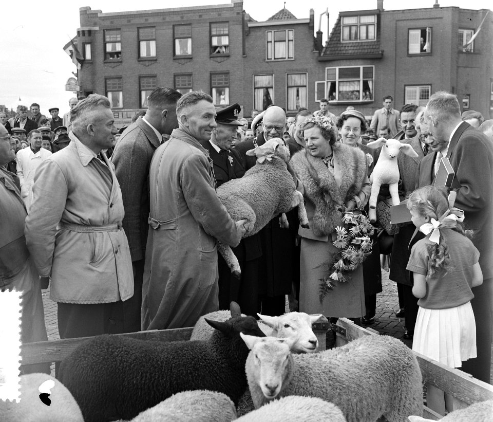 Koninklijk bezoek aan Leiden. Koningin Juliana op de Schapenmarkt, Bestanddeelnr 906-4762