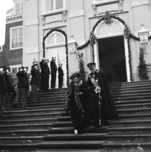 Koningin Juliana en prins Bernhard dalen de trappen af, Bestanddeelnr 919-9597