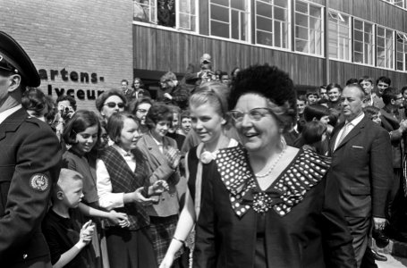 Koningin Juliana in Voorburg, Opening St. Maartenslyceum. De koningin loopt door, Bestanddeelnr 919-0778