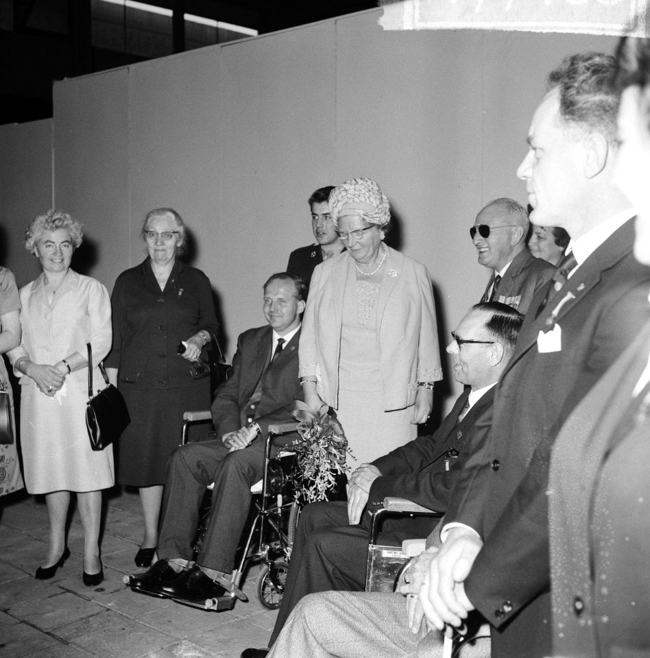 Koningin Juliana in gezelschap van enkele oorlogsslachtoffers en hun familie, Bestanddeelnr 917-7468