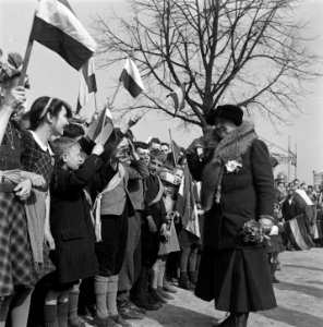 Koningin Wilhelmina loopt langs een erehaag van kinderen met vlaggetjes, Bestanddeelnr 900-4025