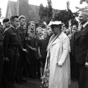 Koningin Wilhelmina wordt toegejuicht, Jonge geuniformeerde mannen staan met ge, Bestanddeelnr 900-4322