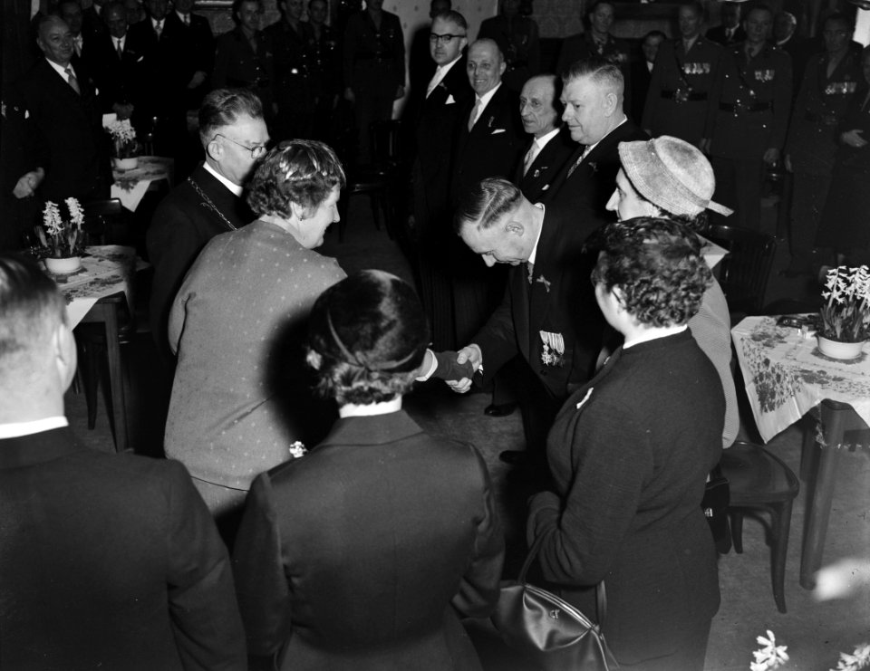Koningin Juliana wordt op het stadhuis voorgesteld aan plaatselijke notabelen n, Bestanddeelnr 907-5131