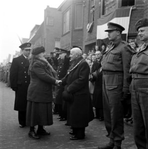 Koningin Wilhelmina schudt de hand van een burgemeester. Links van koningin Wilh, Bestanddeelnr 900-4030