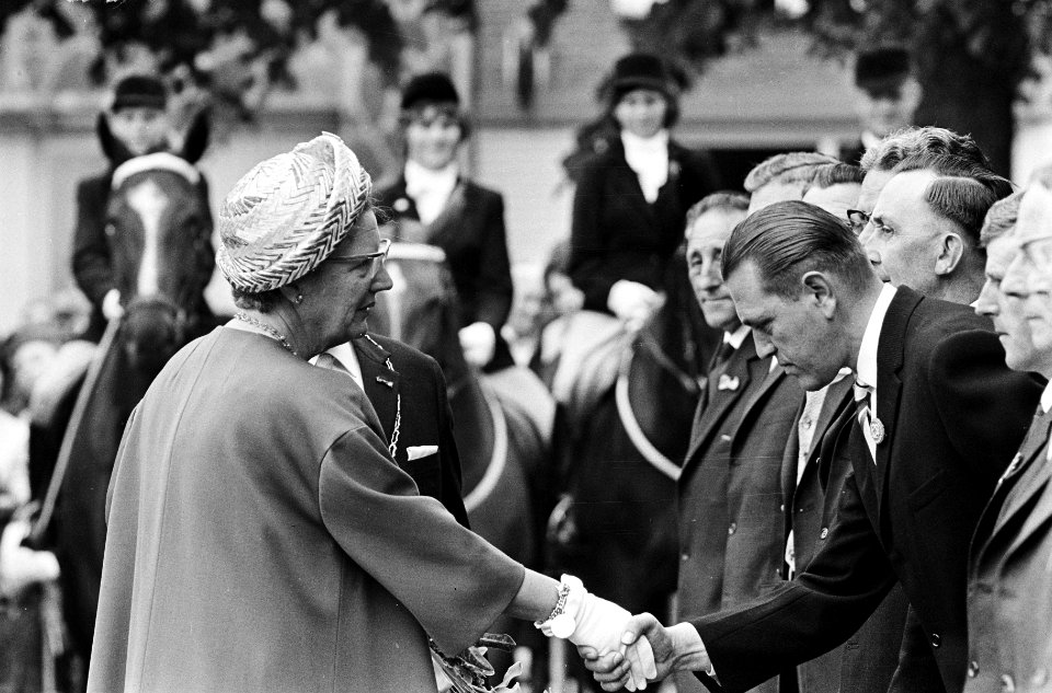 Koningin Juliana wordt voorgesteld aan leden van het gemeentebestuur, Bestanddeelnr 916-4842