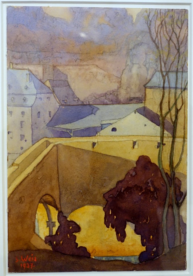 Le 'Bisserwé' au Grund avec le pont sur l'Alzette, by Sosthène Weis, 1937, aquarelle - Villa Vauban - Luxembourg City - DSC06380