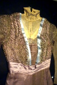 Late afternoon dress by Jean-Philippe Worth, view 3, France, Paris, c. 1905, silk satin weighted with tin salts, gilded net - Royal Ontario Museum - DSC04410