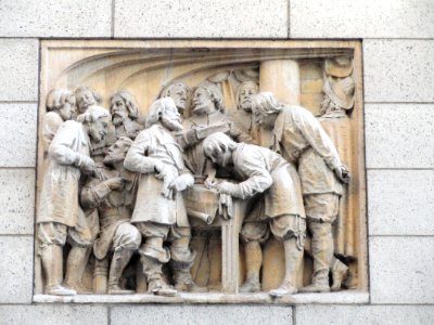 Law (Church members signing covenant) by Domingo Mora - bas-reliefs, Congregational House, Boston, MA - DSC04682