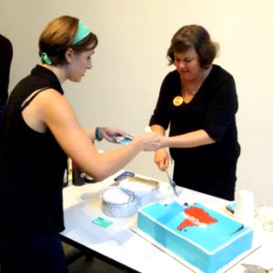 Leah accepts cake at MoMA Wikiarte jeh