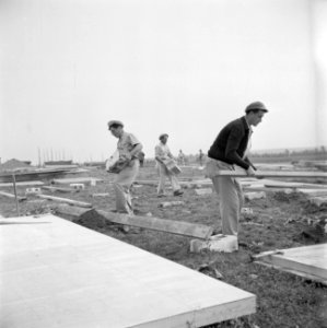 Leden van de bouwploeg van moederkibboets Yavne monteren barakken uit geprefabri, Bestanddeelnr 255-0696