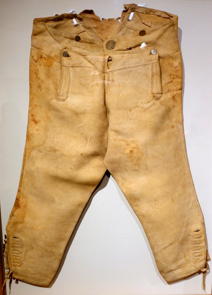 Leather breeches belonging to apprentice housewright working in Charlestown MA, c. 1793, leather, brass buttons - Concord Museum - Concord, MA - DSC05797
