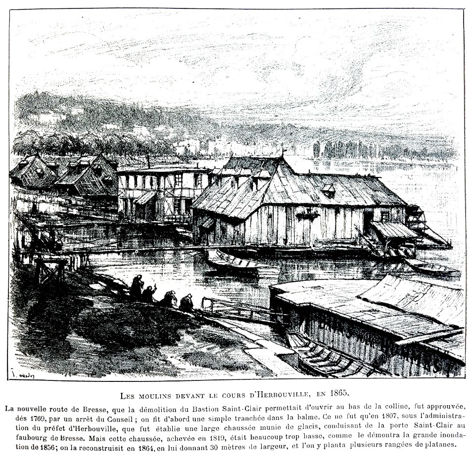 Le Lyon de nos pères, Vingtrinier et Drevet, 1901, page 159, dessin de Joannès Drevet, les moulins devant le cours d'Herbouville