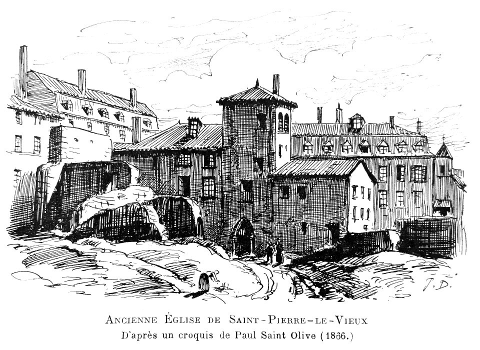 Le Lyon de nos pères, Vingtrinier et Drevet, 1901, page 059, eau-forte de Joannès Drevet, ancienne église de Saint-Pierre-le-Vieux