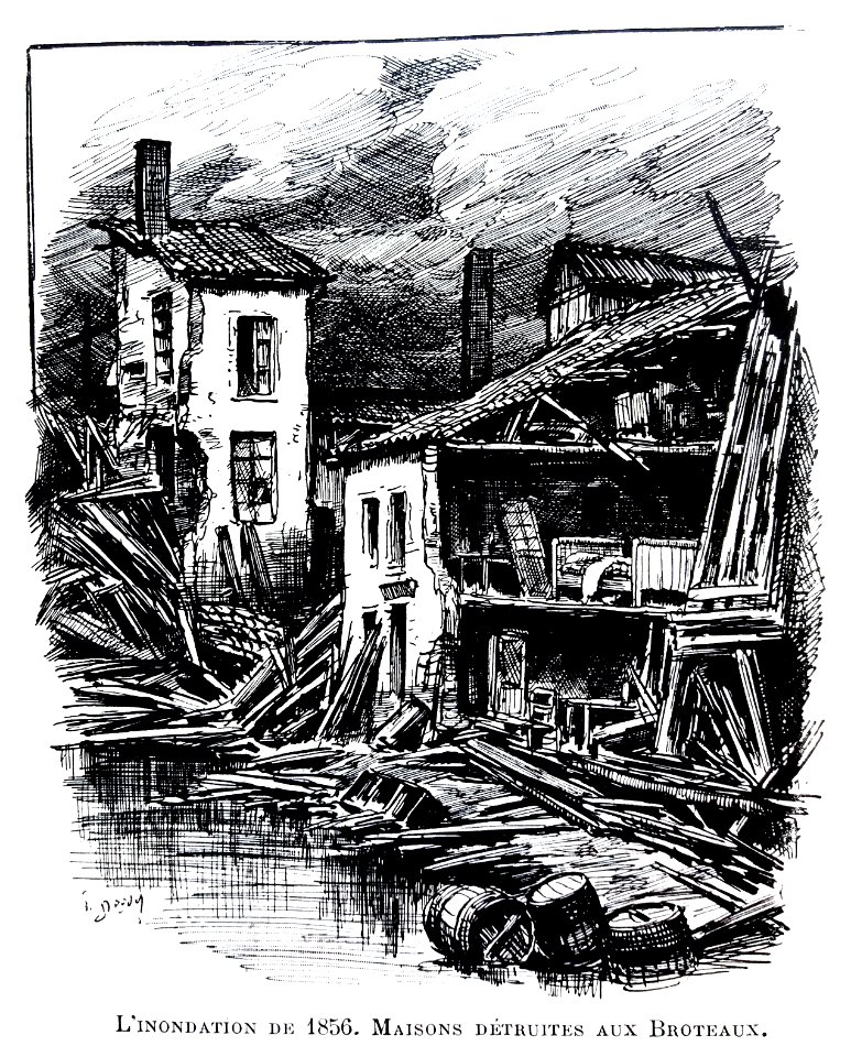 Le Lyon de nos pères, Vingtrinier et Drevet, 1901, page 332, dessin de Joannès Drevet, l'inondation de 1856, maisons détruites aux Broteaux