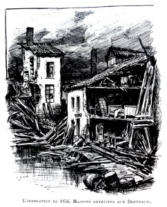 Le Lyon de nos pères, Vingtrinier et Drevet, 1901, page 332, dessin de Joannès Drevet, l'inondation de 1856, maisons détruites aux Broteaux
