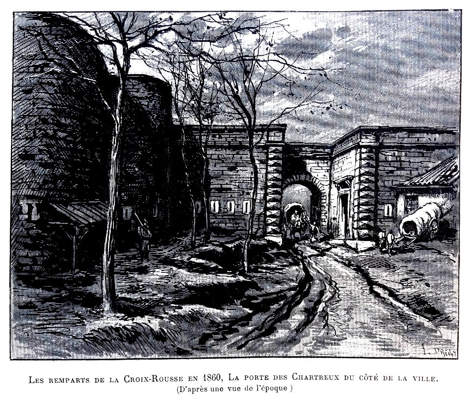 Le Lyon de nos pères, Vingtrinier et Drevet, 1901, page 306, dessin de Joannès Drevet, les remparts de la Croix-Rousse en 1860