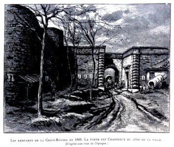 Le Lyon de nos pères, Vingtrinier et Drevet, 1901, page 306, dessin de Joannès Drevet, les remparts de la Croix-Rousse en 1860