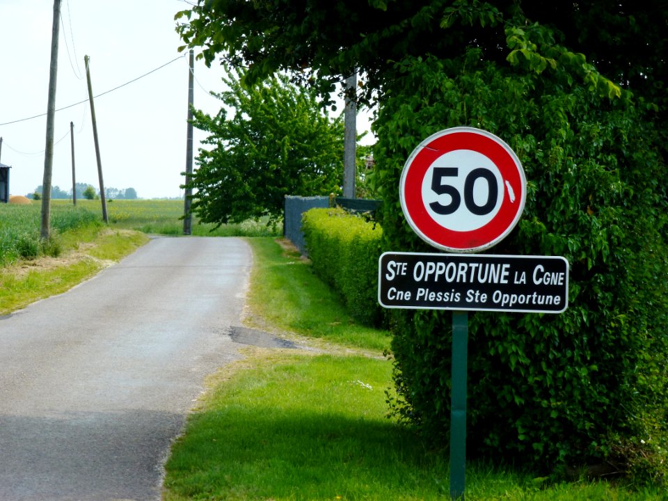 Le Plessis-Sainte-Opportune (Eure, Fr) city limit sign Sainte-Opportune-la-Campagne