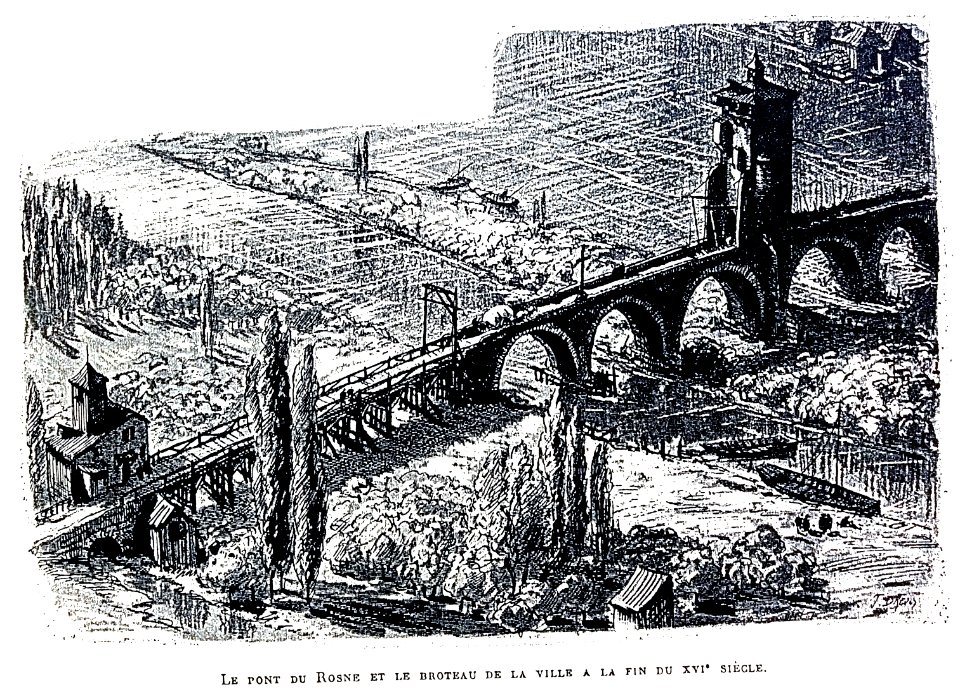 Le Lyon de nos pères, Vingtrinier et Drevet, 1901, page 011, dessin de Joannès Drevet, le pont du Rosne et le broteau de la ville à la fin du XVIe siècle