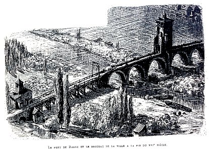Le Lyon de nos pères, Vingtrinier et Drevet, 1901, page 011, dessin de Joannès Drevet, le pont du Rosne et le broteau de la ville à la fin du XVIe siècle photo