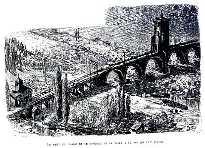 Le Lyon de nos pères, Vingtrinier et Drevet, 1901, page 011, dessin de Joannès Drevet, le pont du Rosne et le broteau de la ville à la fin du XVIe siècle