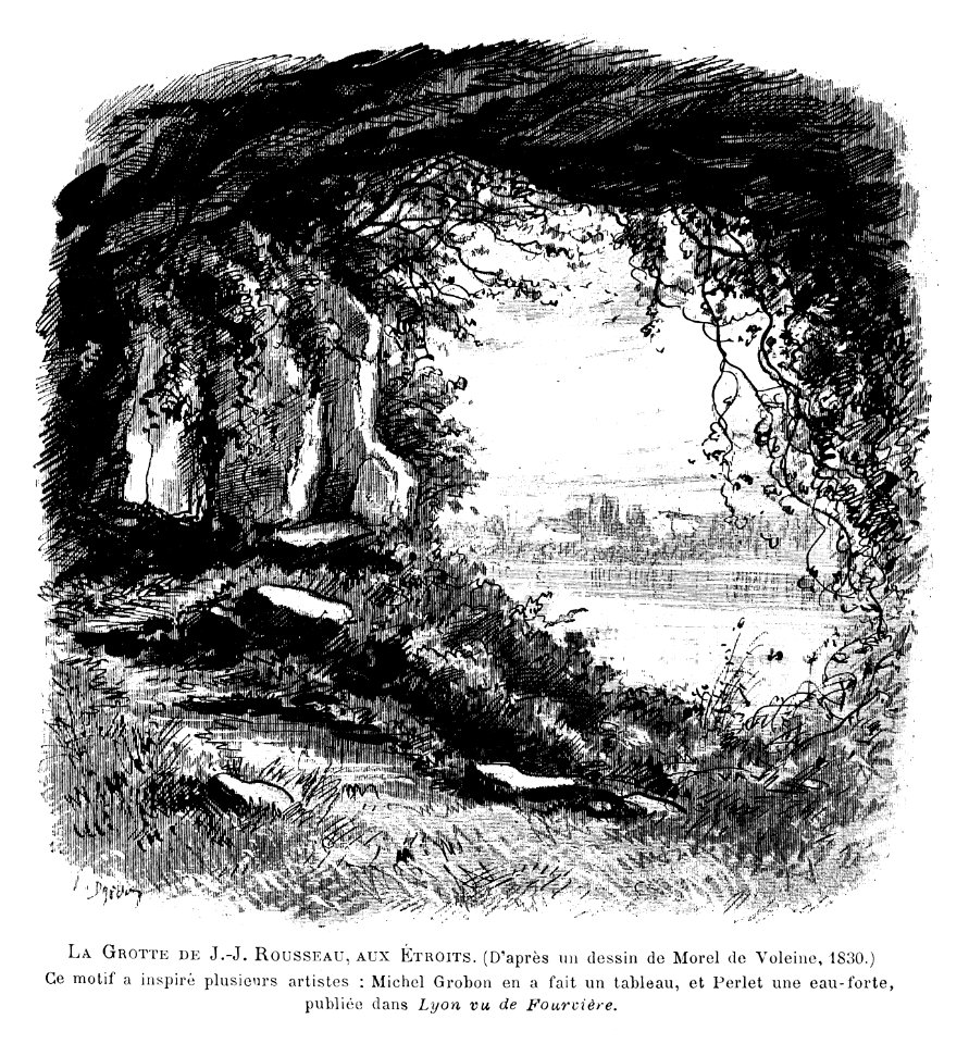 Le Lyon de nos pères, Vingtrinier et Drevet, 1901, page 098, dessin de Joannès Drevet, la grotte de J.-J. Rousseau, aux Étroits