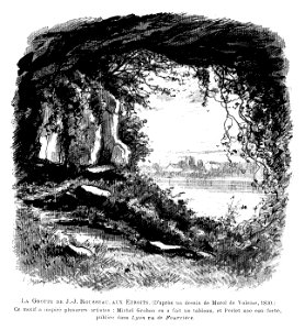 Le Lyon de nos pères, Vingtrinier et Drevet, 1901, page 098, dessin de Joannès Drevet, la grotte de J.-J. Rousseau, aux Étroits