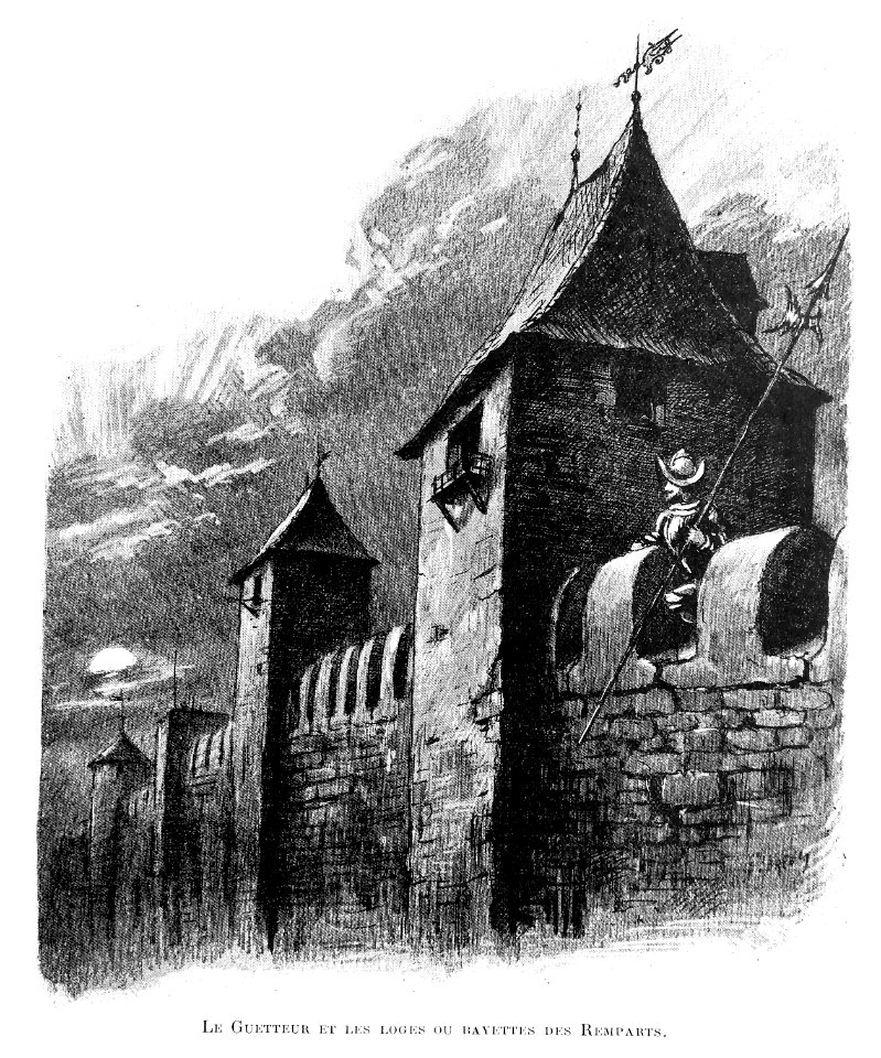 Le Lyon de nos pères, Vingtrinier et Drevet, 1901, page 081, dessin de Joannès Drevet, le guetteur et les loges ou bayettes des remparts