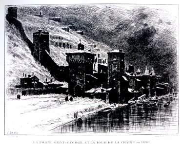 Le Lyon de nos pères, Vingtrinier et Drevet, 1901, page 080, dessin de Joannès Drevet, la porte Saint-George et la tour de la Chaîne en 1650