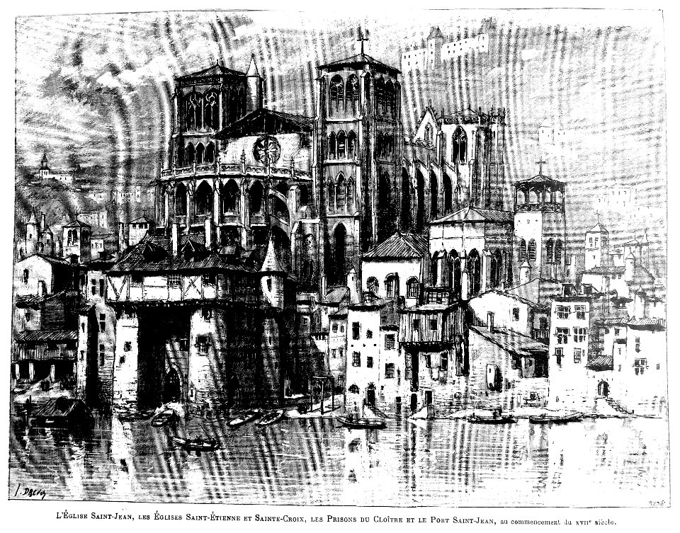 Le Lyon de nos pères, Vingtrinier et Drevet, 1901, page 035, gravure Rougeron-Vignerot-Demoulin, églises Saint-Jean, Saint-Étienne et Sainte-Croix