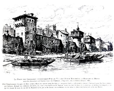 Le Lyon de nos pères, Vingtrinier et Drevet, 1901, page 147, dessin de Joannès Drevet, la porte des Cordeliers et le rempart du Rosne