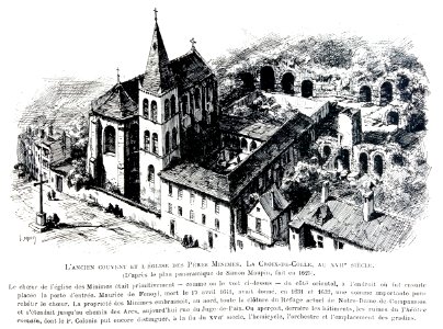 Le Lyon de nos pères, Vingtrinier et Drevet, 1901, page 077, dessin de Joannès Drevet, l'ancien couvent et l'église des Pères Minimes, la Croix-de-Colle, au XVIIe siècle