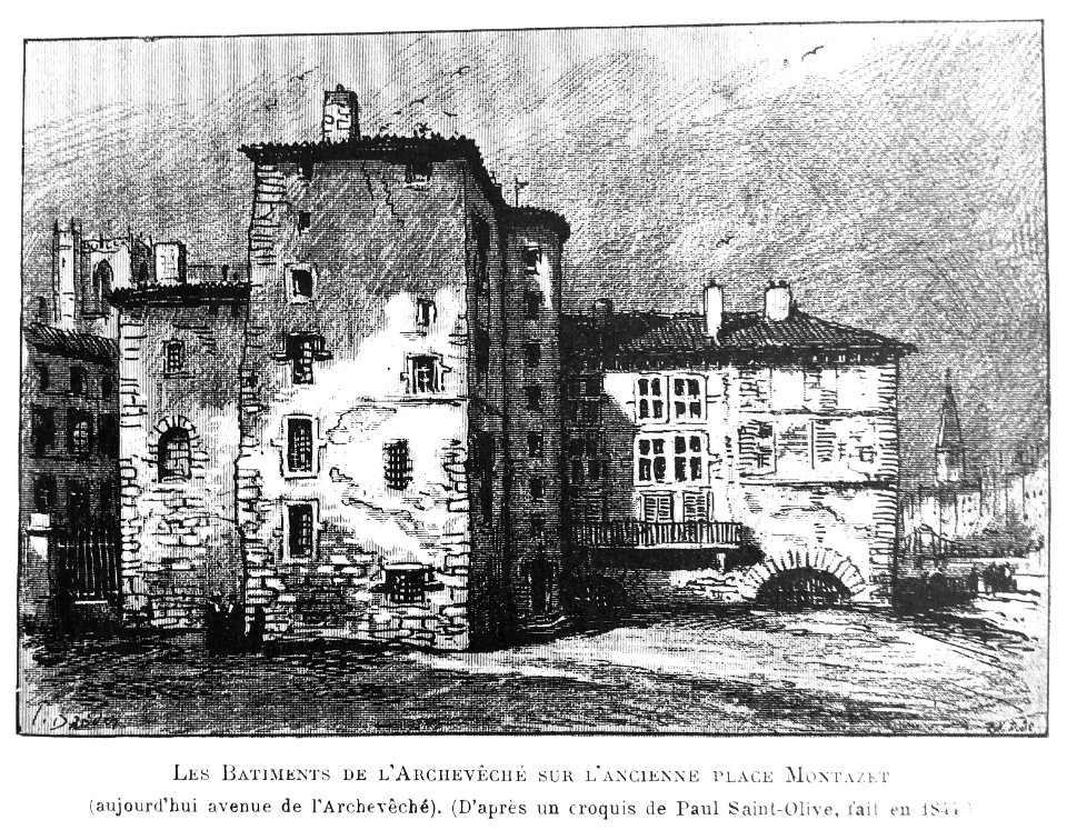 Le Lyon de nos pères, Vingtrinier et Drevet, 1901, page 044, Rougeron-Vignerot-Demoulin, Joannès Drevet et Paul Saint-Olive, les bâtiments de l'Archevêché sur l'ancienne place Montazet