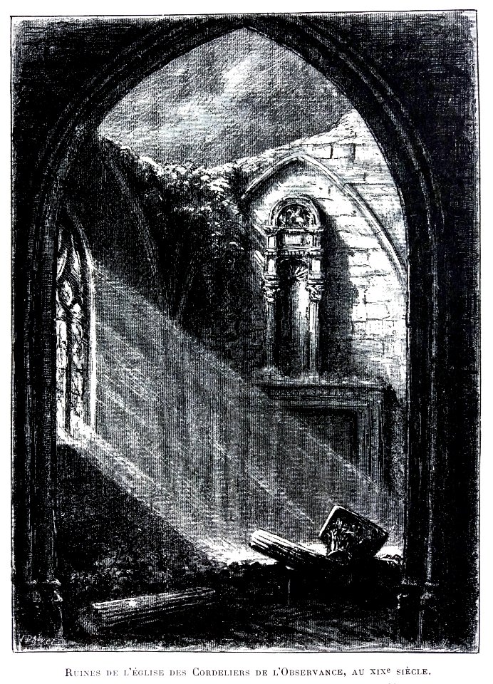 Le Lyon de nos pères, Vingtrinier et Drevet, 1901, page 292, dessin de Joannès Drevet, ruine de l'église des Cordeliers de l'Observance, au XIXe siècle