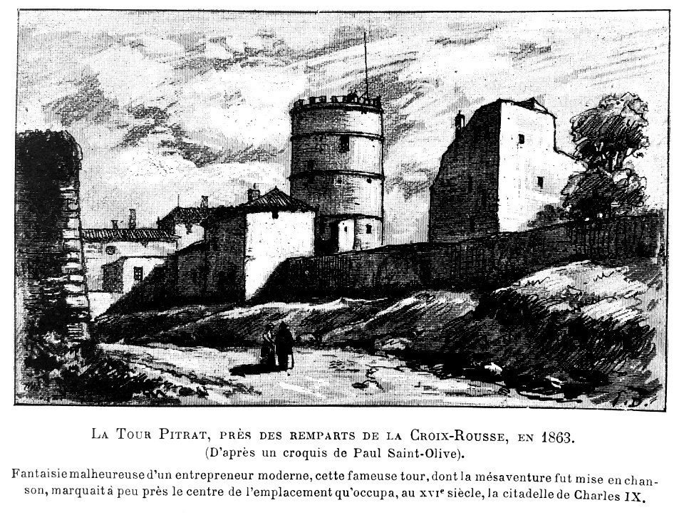 Le Lyon de nos pères, Vingtrinier et Drevet, 1901, page 322, dessin de Joannès Drevet, la tour Pitrat, près des remparts de la Croix-Rousse, en 1863