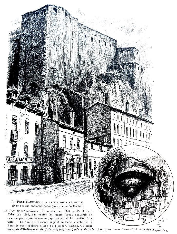Le Lyon de nos pères, Vingtrinier et Drevet, 1901, page 304, dessin de Joannès Drevet, le fort Saint-Jean, à la fin du XIXe siècle