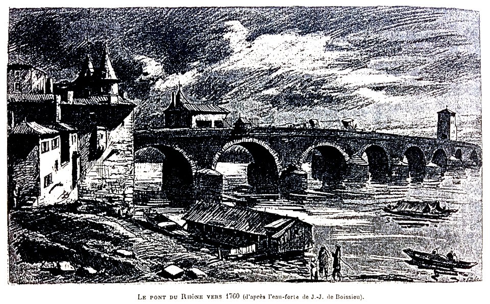 Le Lyon de nos pères, Vingtrinier et Drevet, 1901, page 012, dessin de Joannès Drevet, le pont du Rhône vers 1760