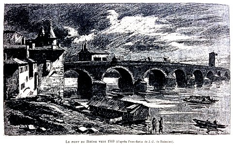 Le Lyon de nos pères, Vingtrinier et Drevet, 1901, page 012, dessin de Joannès Drevet, le pont du Rhône vers 1760