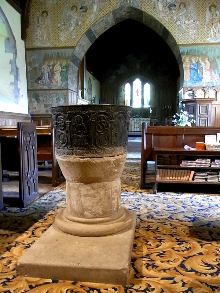 Lead baptismal font in Saint Anne's Church, Siston, South Gloucestershire, England - 20100603