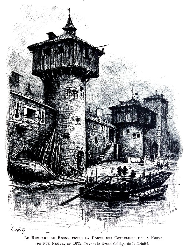 Le Lyon de nos pères, Vingtrinier et Drevet, 1901, page 148, Rougeron-Vignerot-Demoulin et Joannès Drevet, le rempart du Rosne entre la porte des Cordeliers et la porte de rue neuve, en 1625